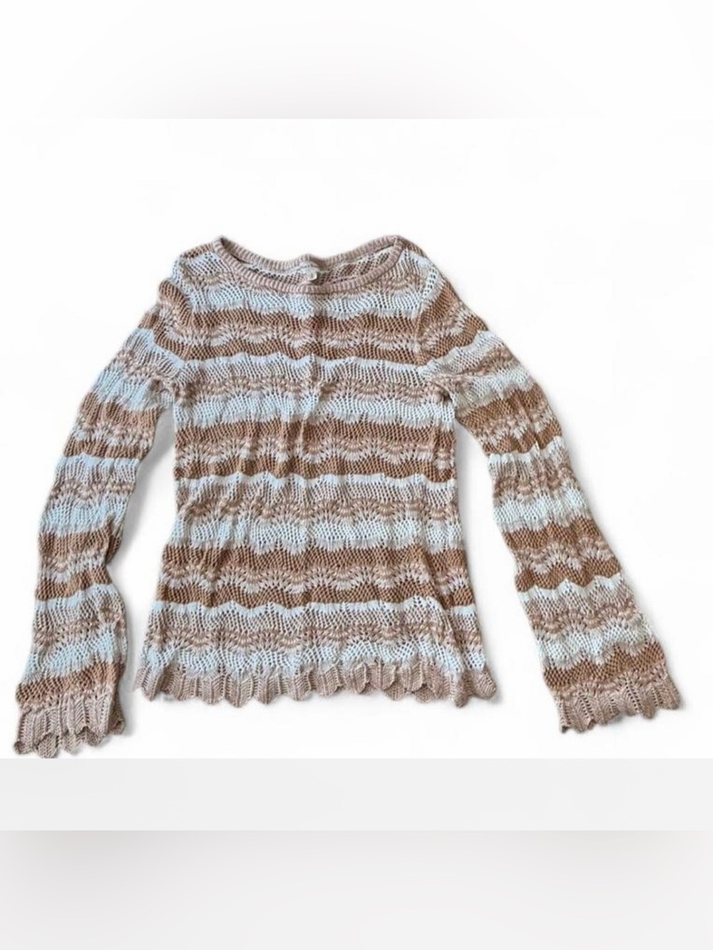 Women’s Striped Open Knit Long-Sleeve Top - Cream & Brown Hem & thread